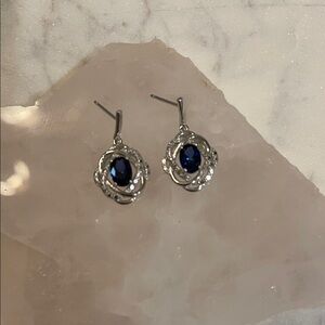 Sterling Silver 2CT Oval Sapphire/Diamond accent  Earrings lab    New